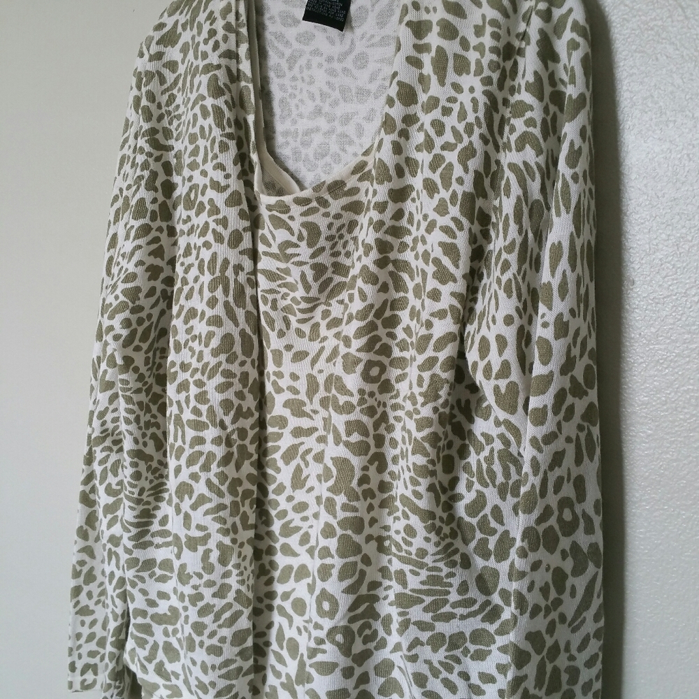 Nina Leonard Olive Green Animal Print Cardigan Set